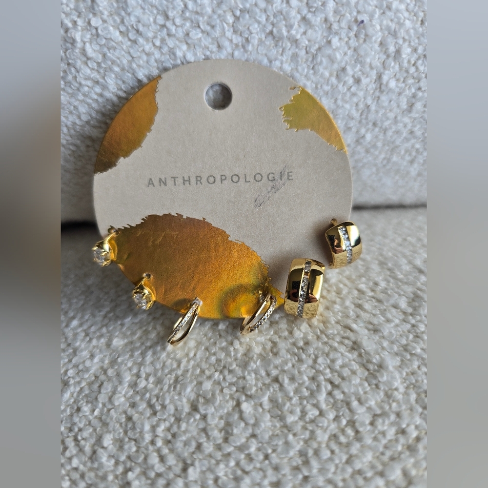 NWT! Anthropologie,  Gold Huggie Earrings Set Of 3, MSRP $58